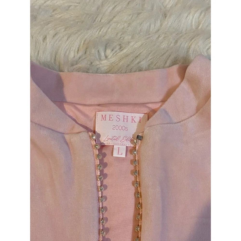 Y2K Pink Velvet Velour 2 pc Tracksuit Bling Crop Jacket‎ Top L & M Sweat Pants
